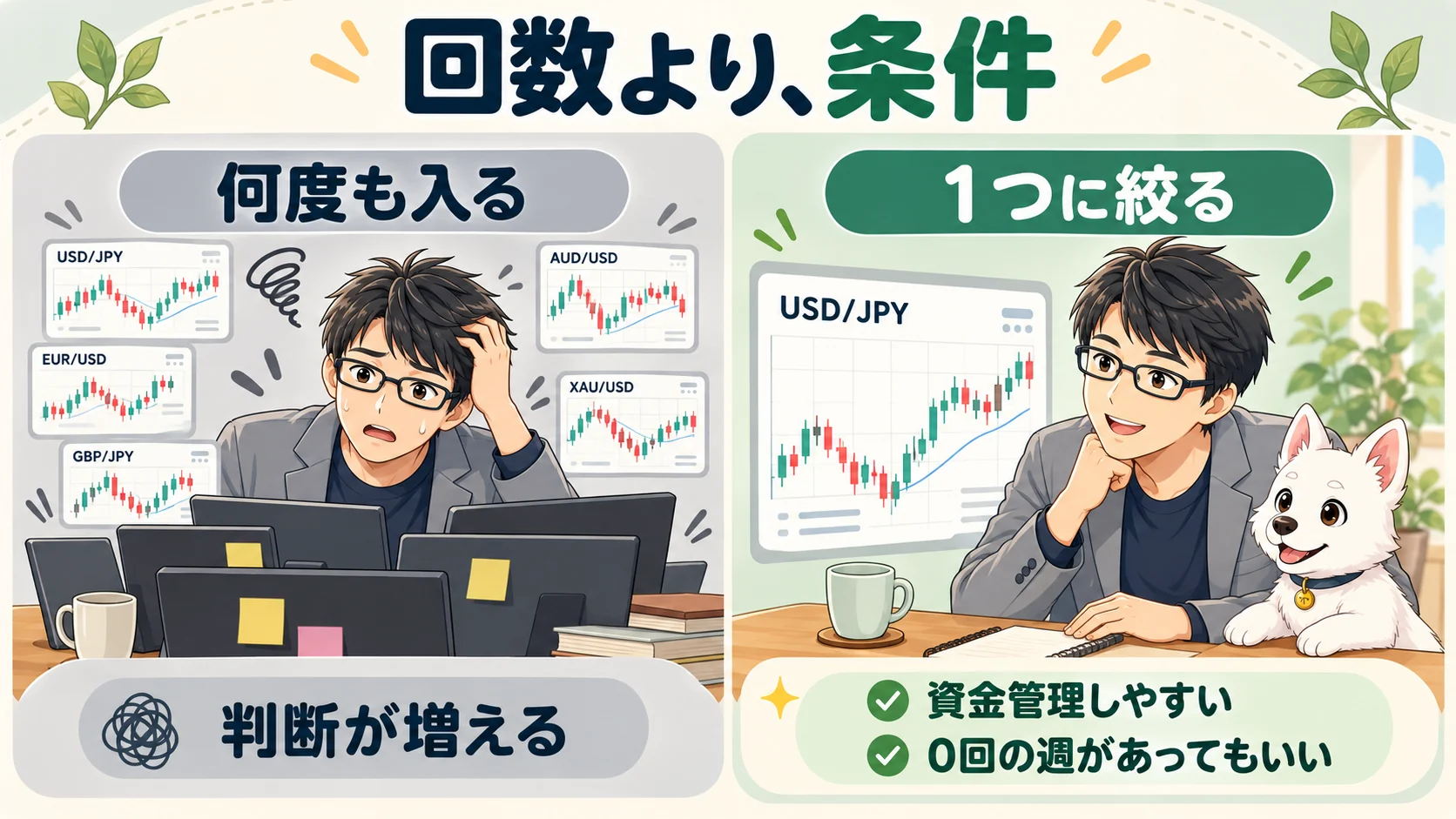 何度もエントリーして判断を増やす場合と、1つに絞って資金管理する場合の比較