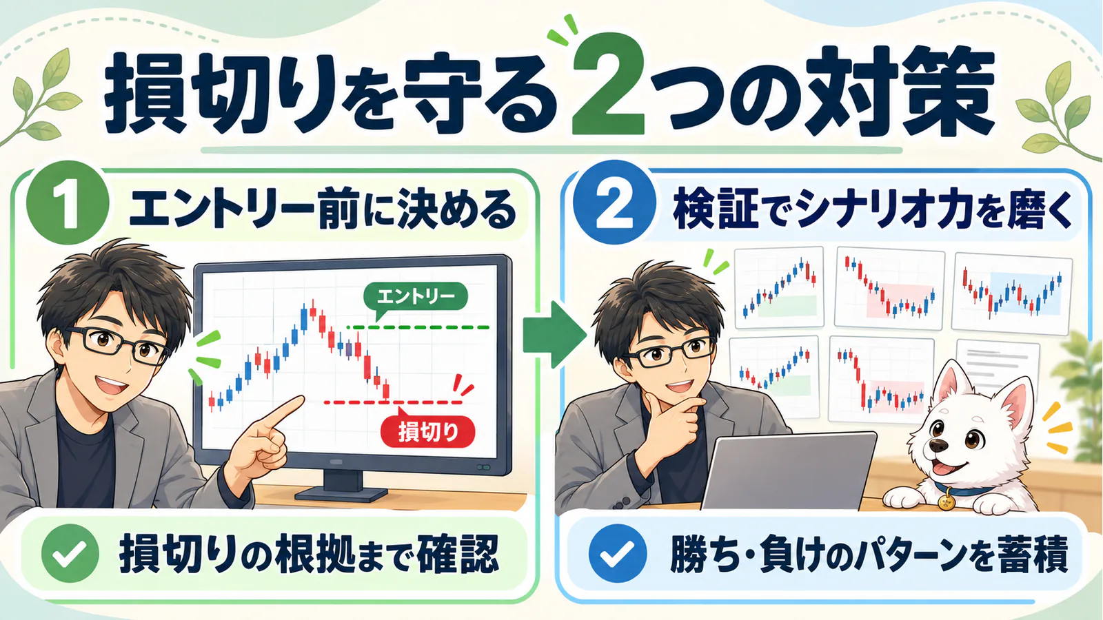 エントリー前に損切りの根拠を決め、検証で勝ち負けのパターンを蓄積する2つの対策を示す図