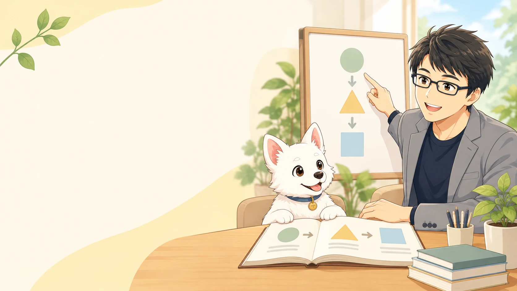投資の基本を順番に学ぶ白い子犬と講師のイラスト