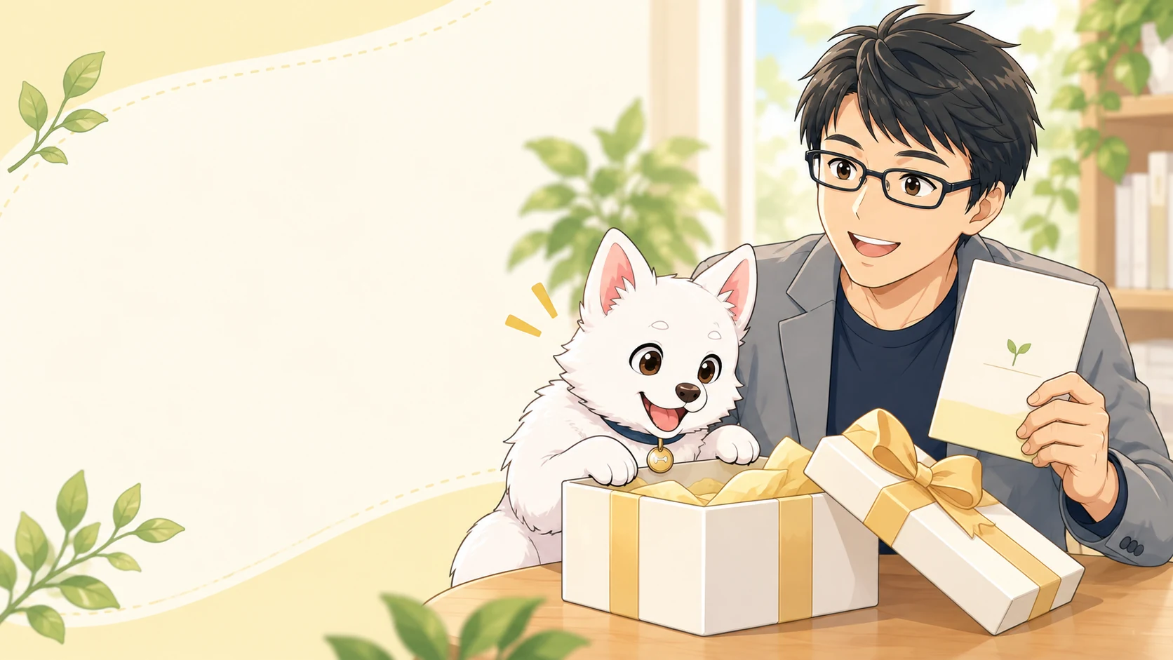 無料プレゼントを開く白い子犬と講師のイラスト