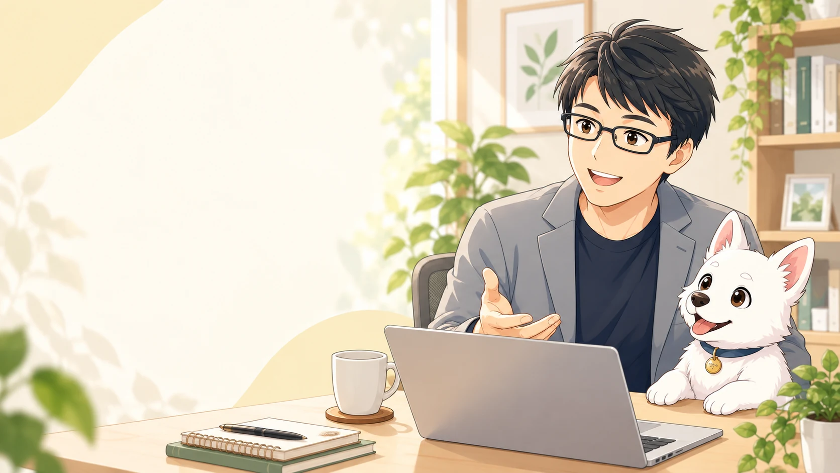 講師と白い子犬がプロフィールを案内するイラスト