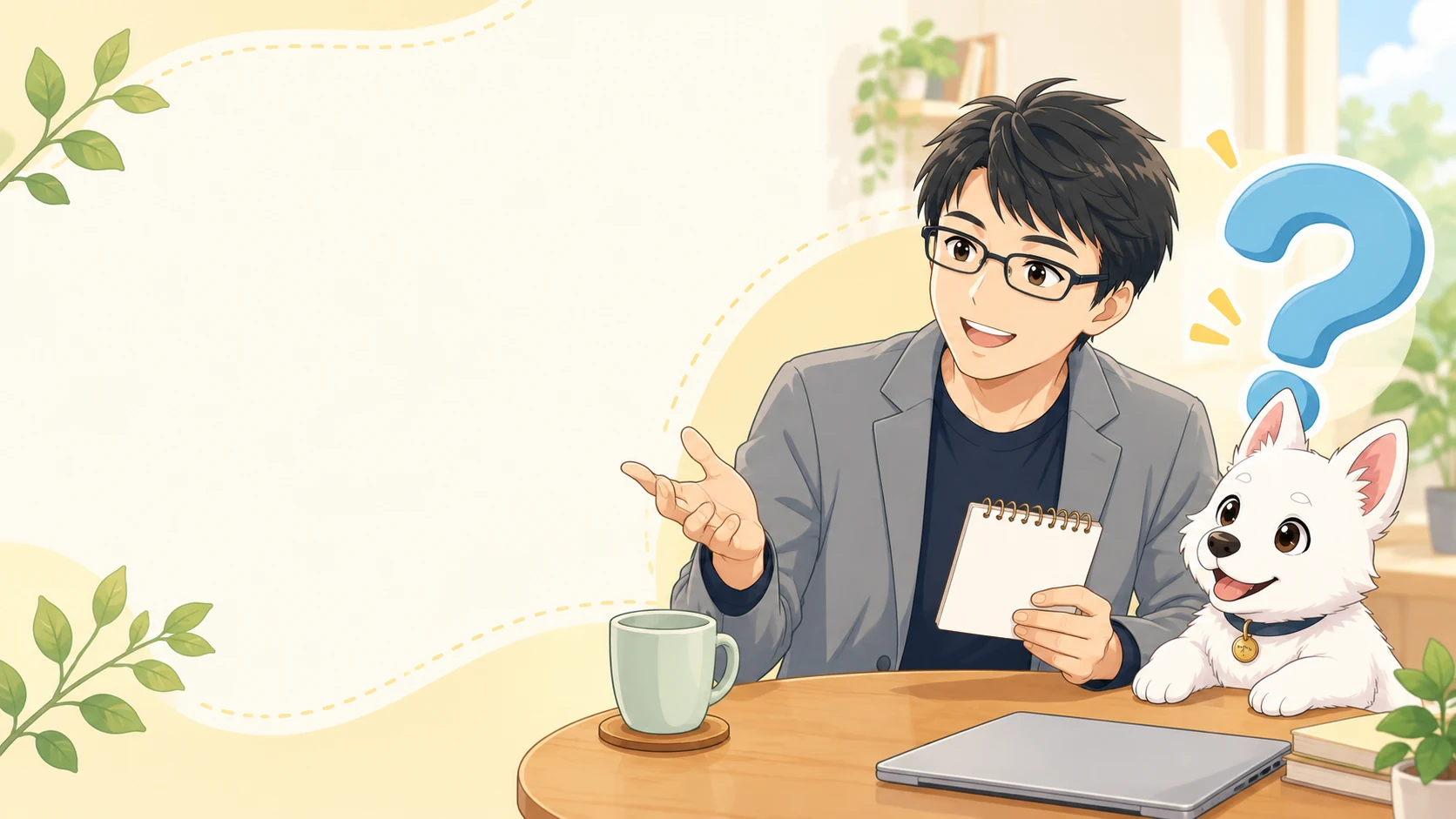 投資の疑問に答える講師と白い子犬のイラスト