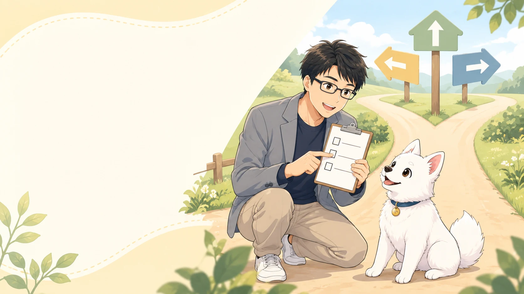 立ち止まって判断を確認する講師と白い子犬のイラスト