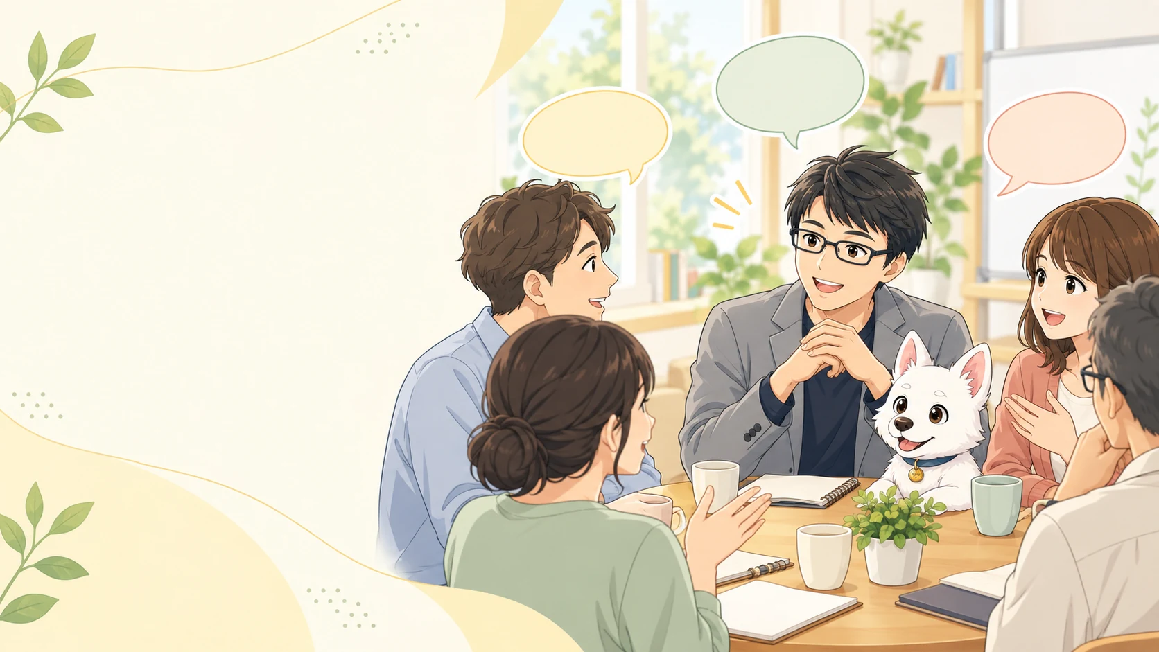 受講生の声を聴く講師と白い子犬のイラスト