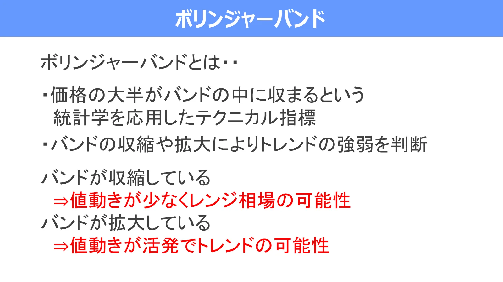 ボリンジャーバンドの収縮は値動きが少ないレンジ相場、拡大は値動きが活発なトレンド相場の可能性を示す図