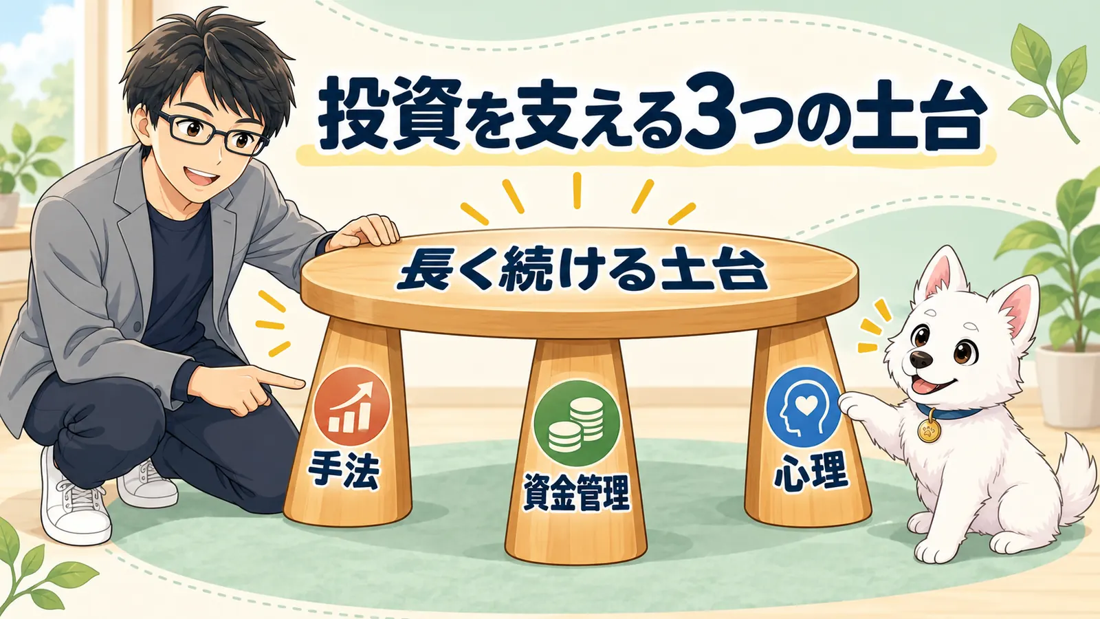 投資を長く続ける土台として、手法、資金管理、心理の3要素が必要であることを示した図