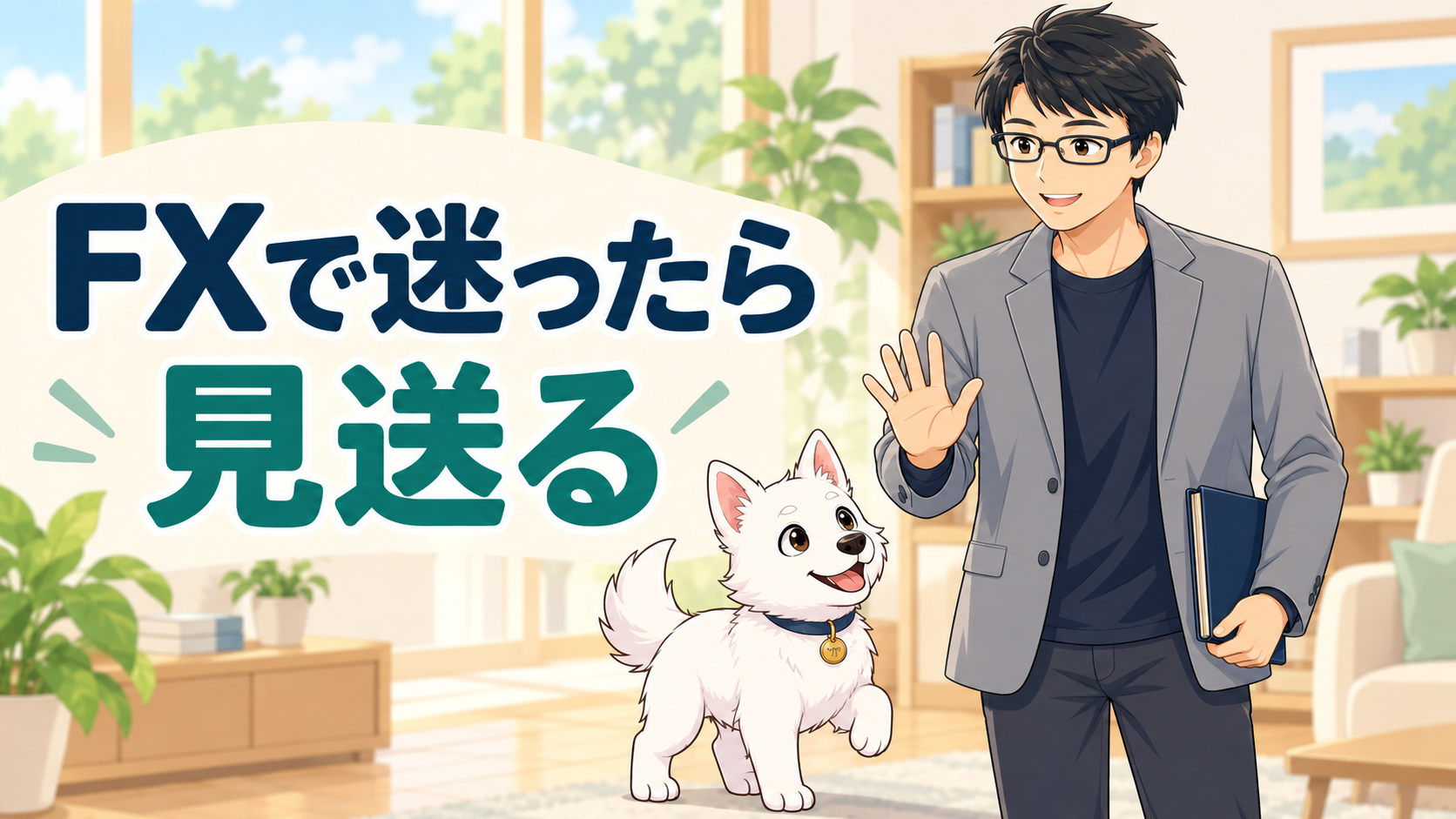 FXで迷ったら見送るという判断を示す講師と白い子犬