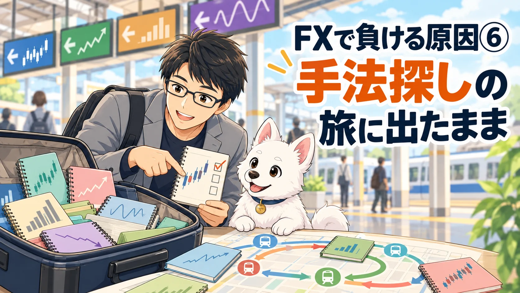 駅で多くの手法ノートを詰めたかばんを開き、一つのルールを検証する講師と白い子犬のイラスト