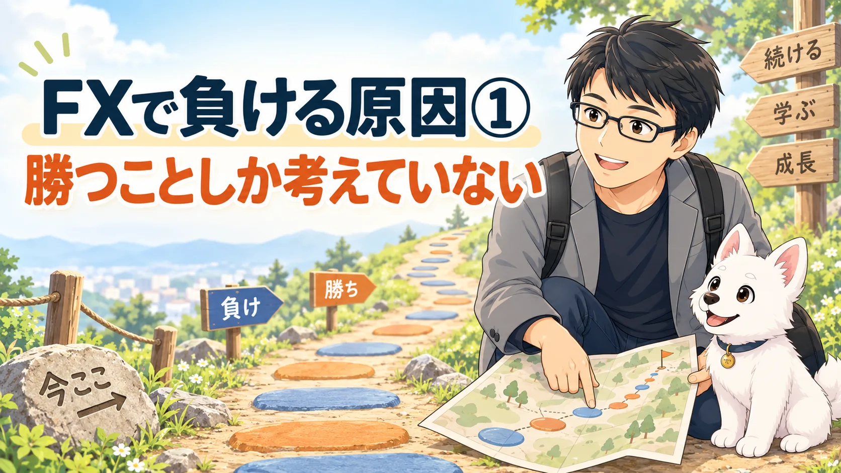 勝ちと負けの標識がある山道で、道全体の地図を見る講師と白い子犬が、FXで勝つことしか考えない危険を表した画像