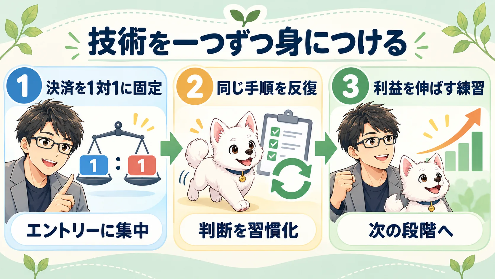 決済を1対1に固定してエントリーへ集中し、反復後に利益を伸ばす練習へ進む3ステップ