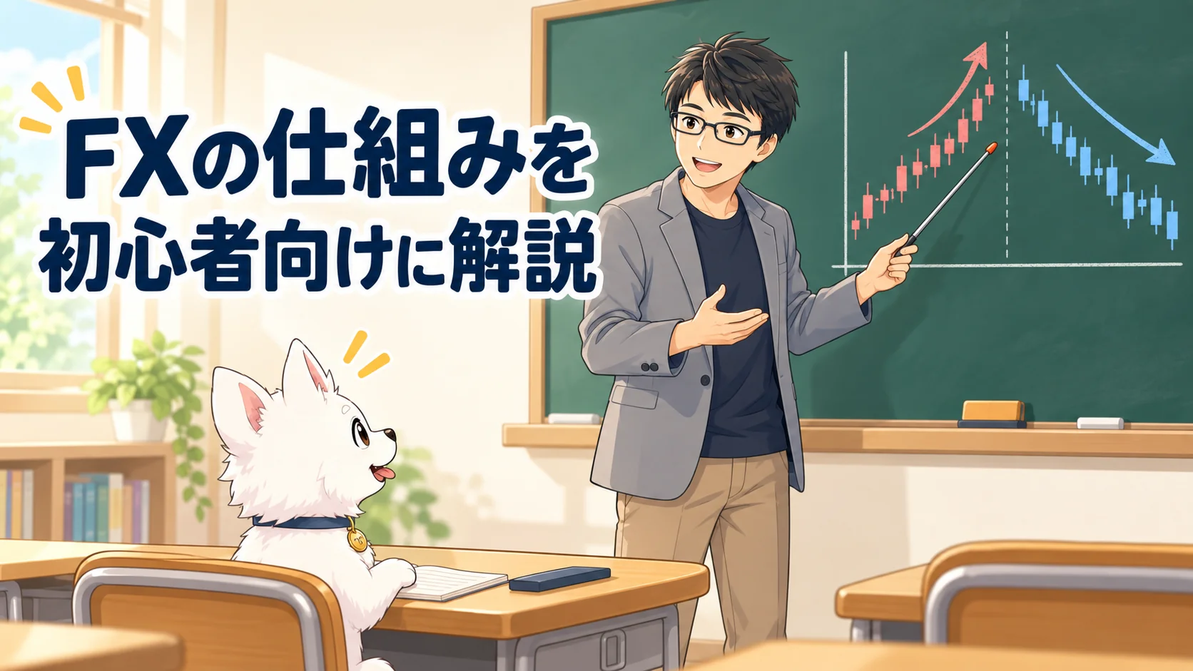 黒板の前で指し棒を持ってFXを講義する講師と、生徒机で話を聞く白い子犬