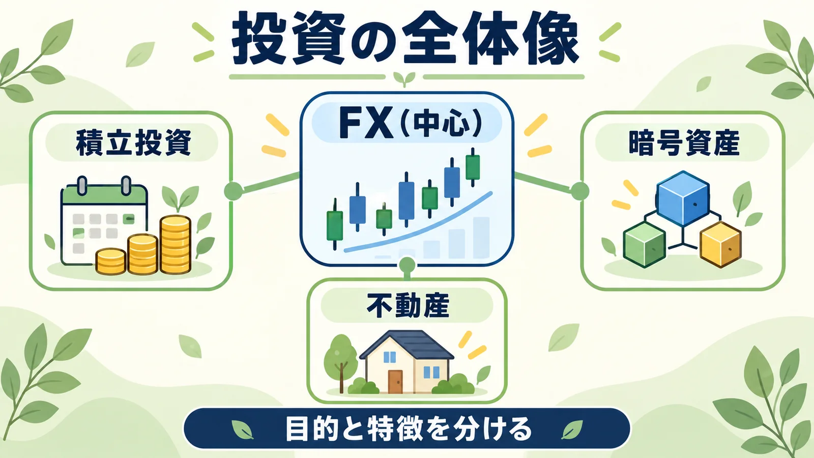 FXを中心に、積立型の投資、暗号資産、不動産へ目的を分けて取り組む全体像