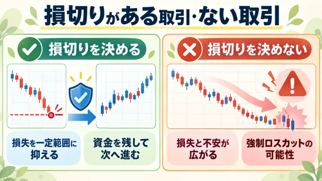 損切りを決めた取引は損失を一定範囲に抑えて次へ進める一方、決めない取引は損失と不安が広がりやすい