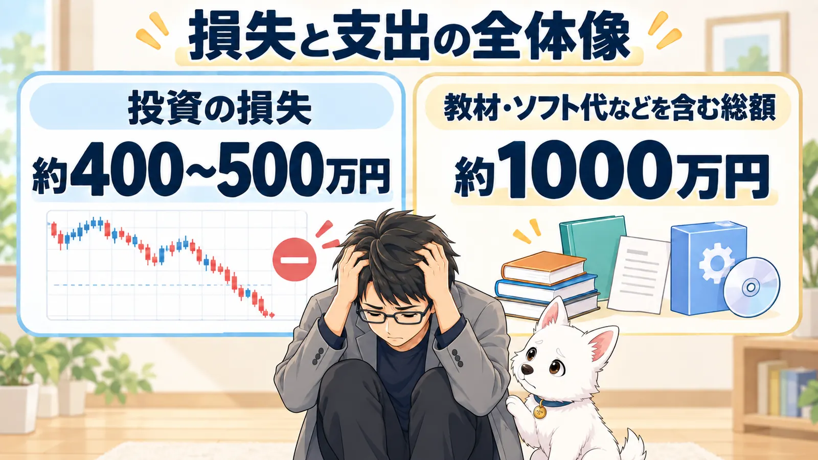 投資の損失額を前に頭を抱えてうずくまる講師と、心配そうに寄り添う白い子犬の図