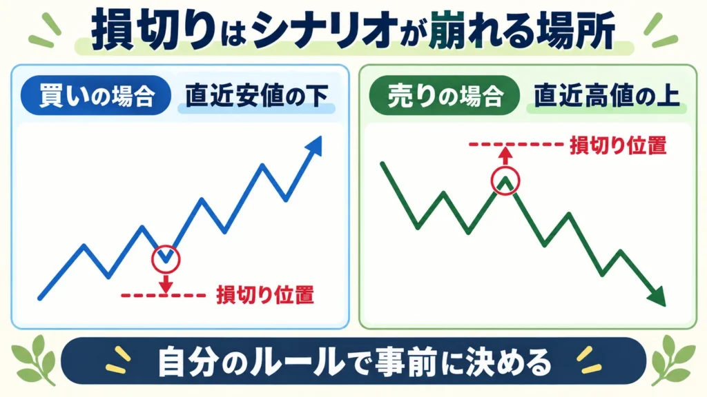 買いでは直近安値の下、売りでは直近高値の上を、シナリオが崩れる損切り位置の目安として確認する図