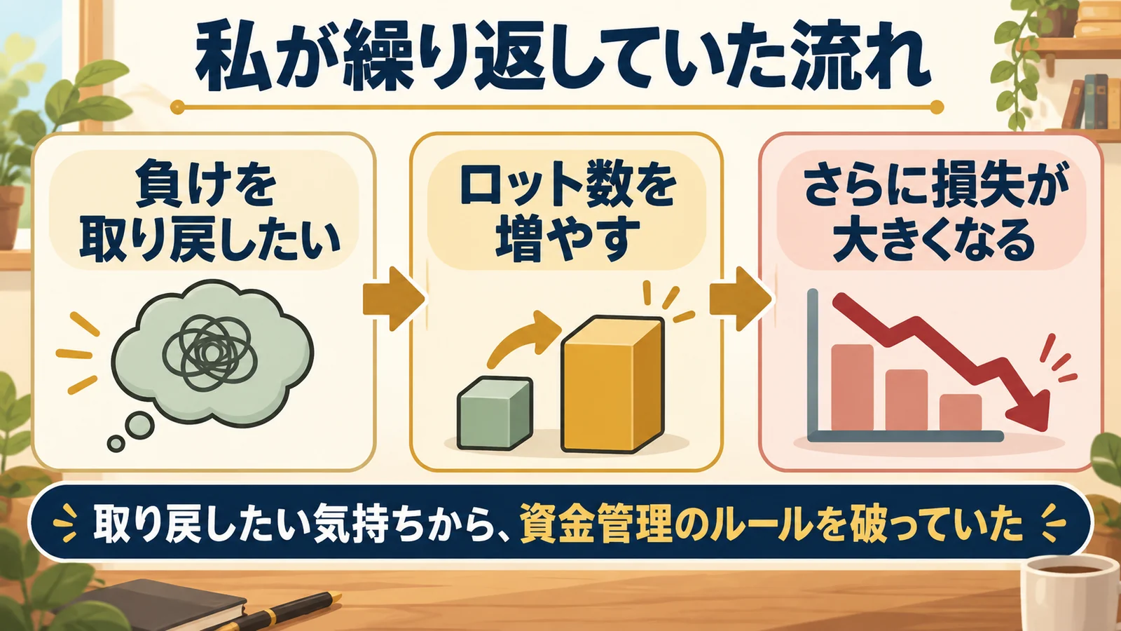 本人の経験を、負けを取り戻したい気持ち、ロット数の増加、さらなる損失の順に示す。取り戻したい気持ちから資金管理のルールを破っていた流れ。