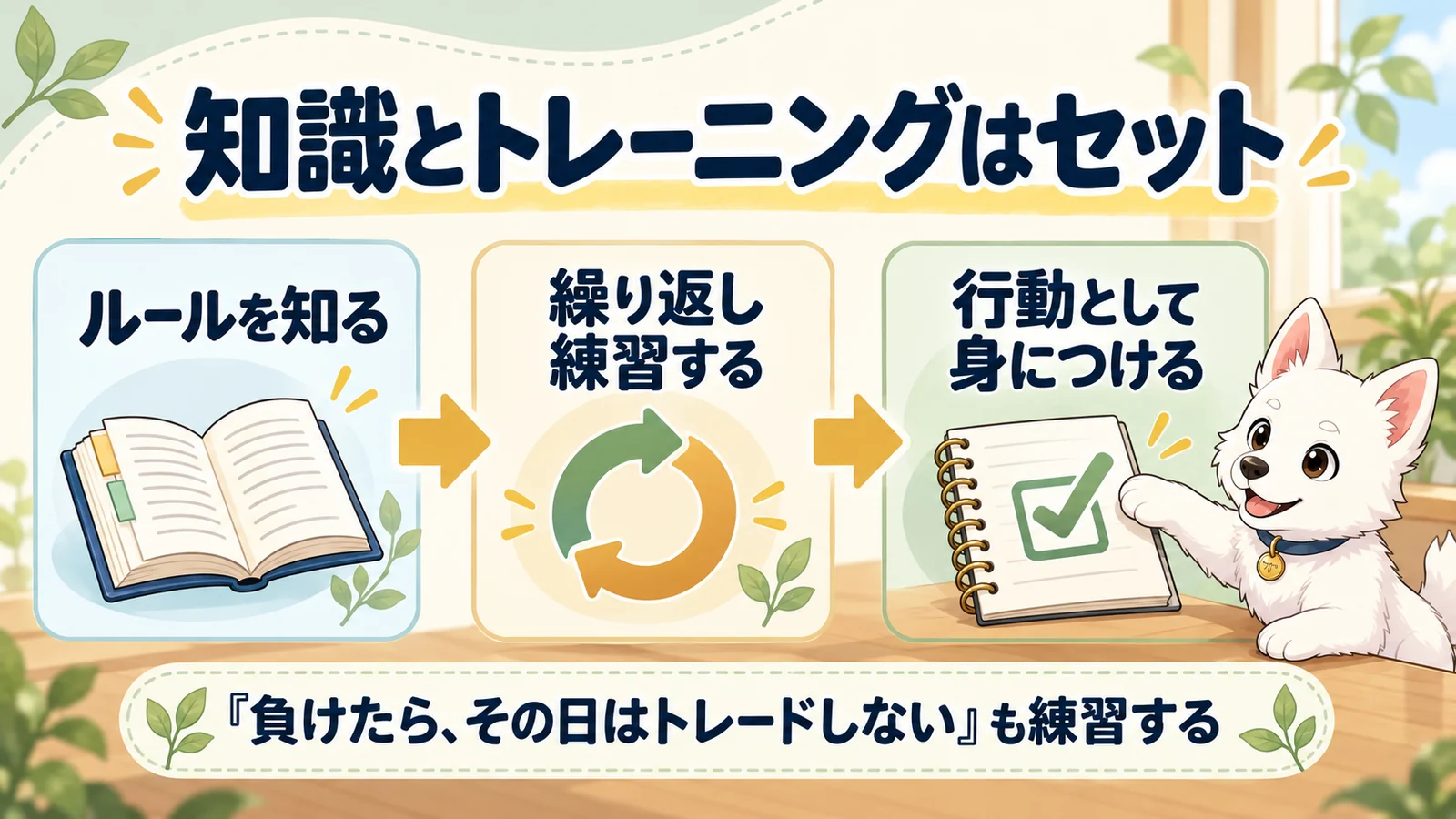 ルールを知る、繰り返し練習する、行動として身につける、という学びの流れ。負けた日はトレードしないルールも練習することを示す。