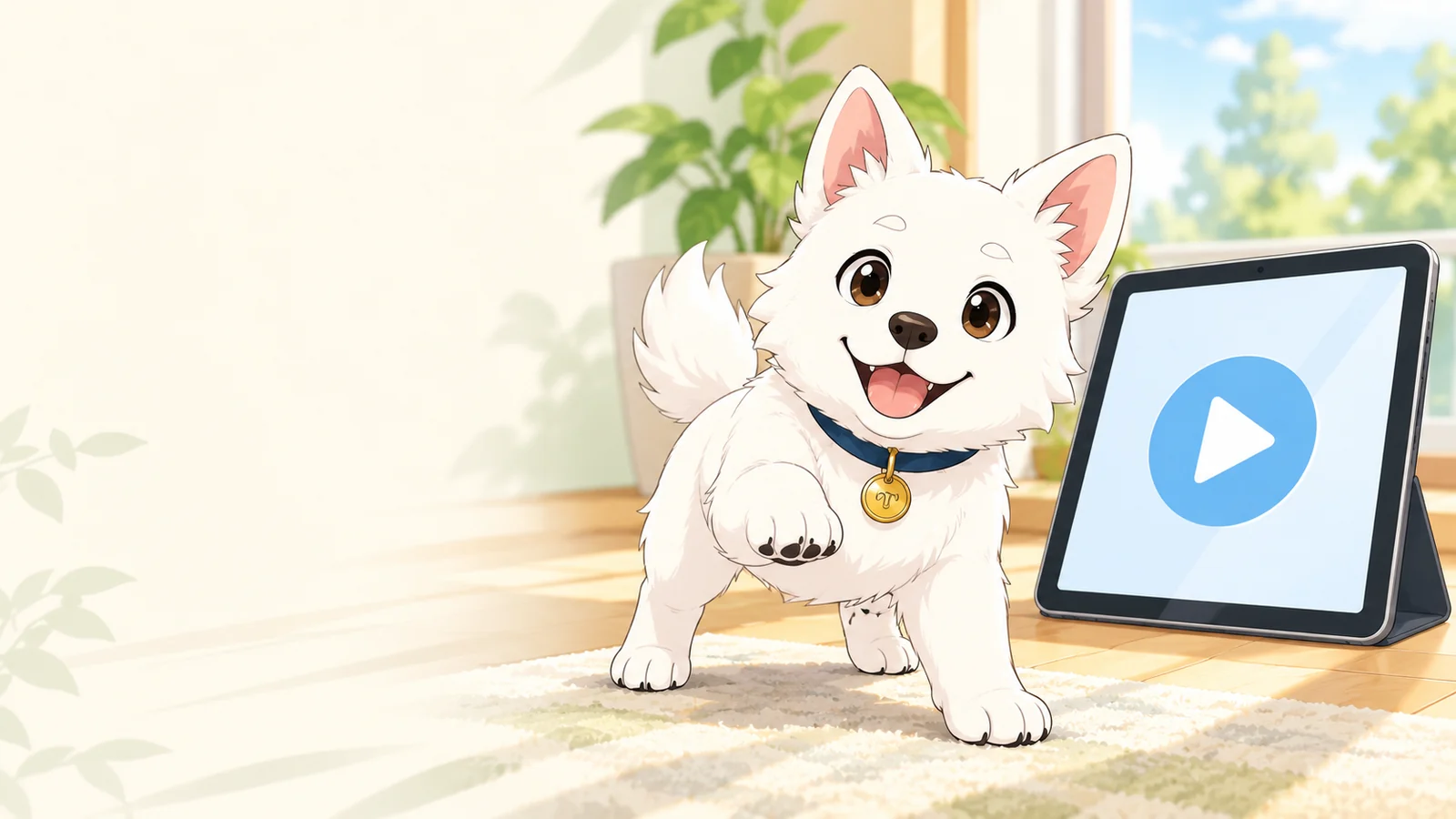 白い子犬が前脚を上げ、再生マークのある動画画面を楽しそうに案内するイラスト