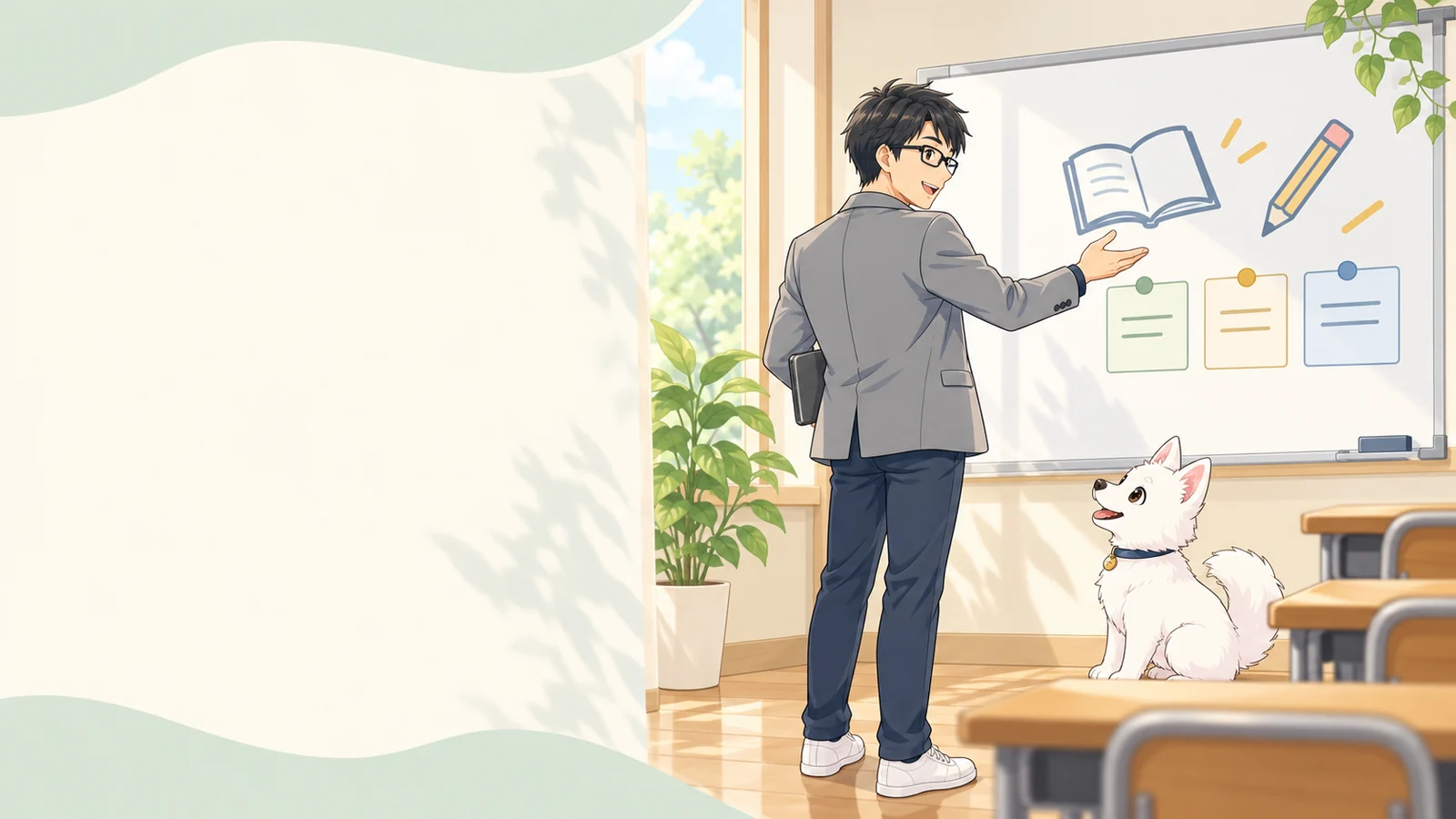 後ろ斜めから見た講師が、教室のボードを使って学ぶ順番を説明するイラスト