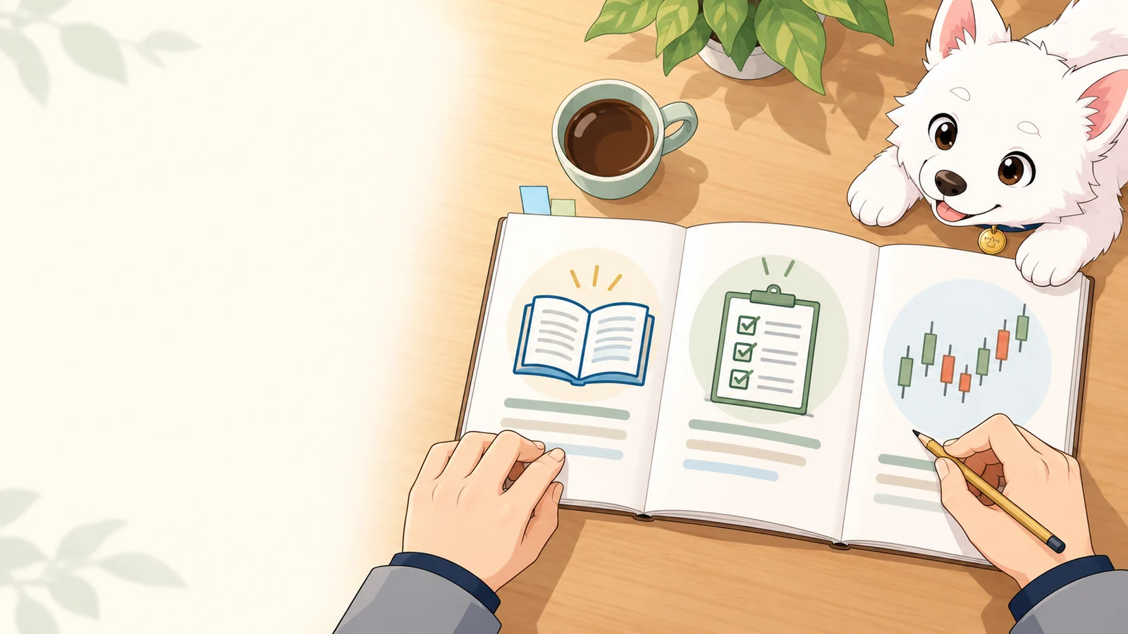 真上から見た学習机で、開いた教材と鉛筆を白い子犬がのぞき込むイラスト