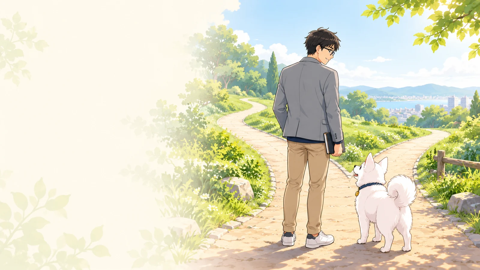 緑の道の分かれ目で、講師と白い子犬が足を止めて先の進み方を考えるイラスト