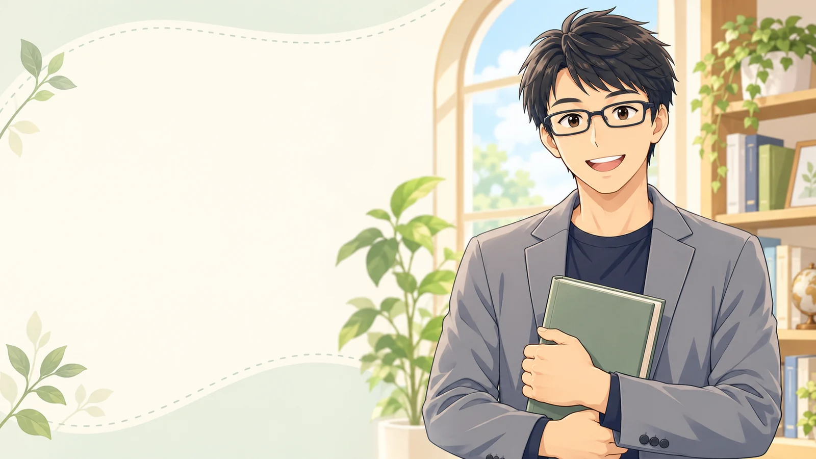 正面を向いた講師が本を胸に抱え、窓辺で穏やかに微笑むイラスト
