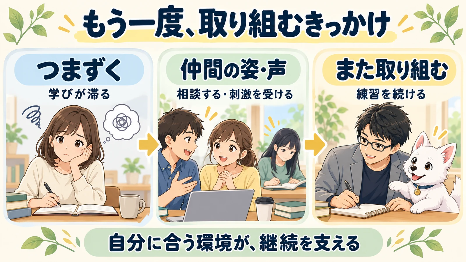 つまずいて学びが滞ったとき、仲間の姿や声に触れ、相談や刺激をきっかけにまた練習へ取り組む流れ。自分に合う環境が継続を支える。