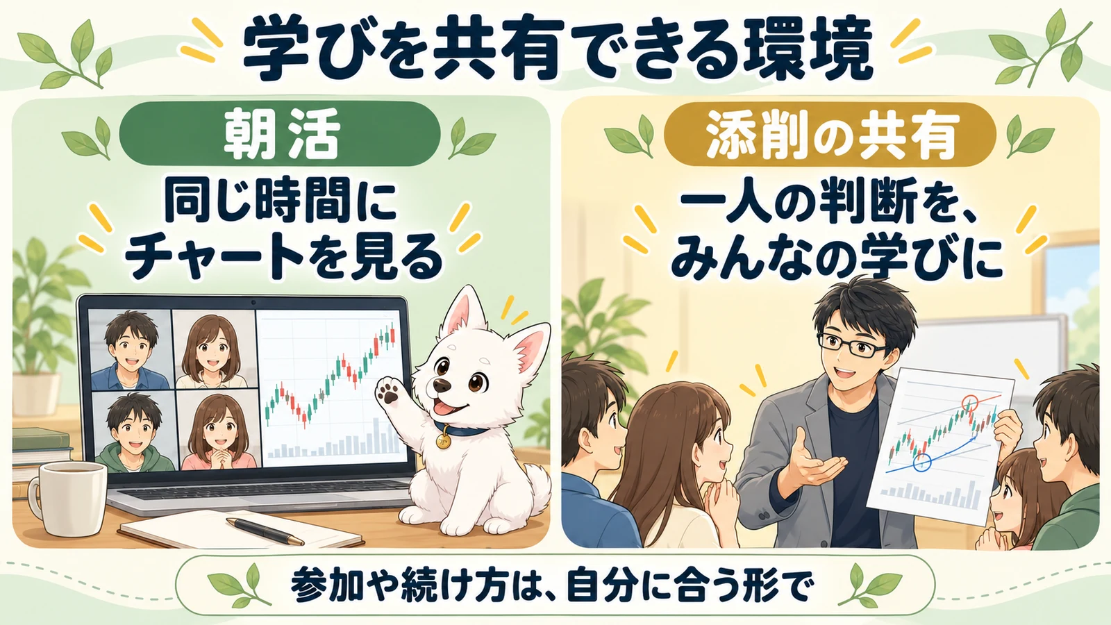 学びを共有できる環境の二つの例。朝活では同じ時間にチャートを見て、添削の共有では一人の判断をみんなの学びにする。参加や続け方は自分に合う形で選ぶ。