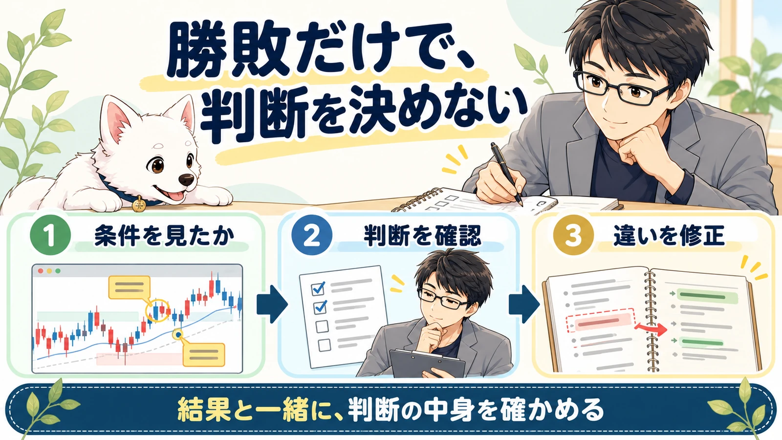 条件を見たか、判断を確認、違いを修正という添削の流れ。結果と一緒に判断の中身を確かめることを示す。